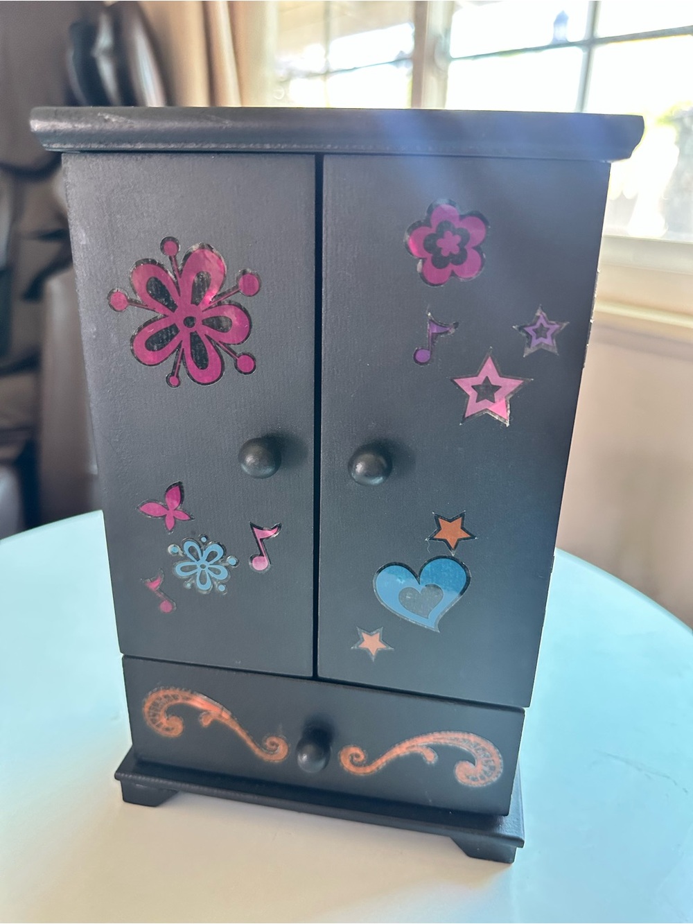 Black Jewelry Armoire with Pink & Blue Accent Motifs